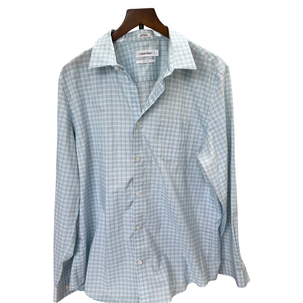 Calvin Klein Men’s Blue & White Plaid 100% Cotton Non-Iron Dress Shirt – Size L